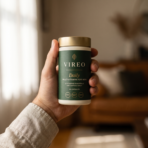 A hand holding a bottle of Vireo Daily